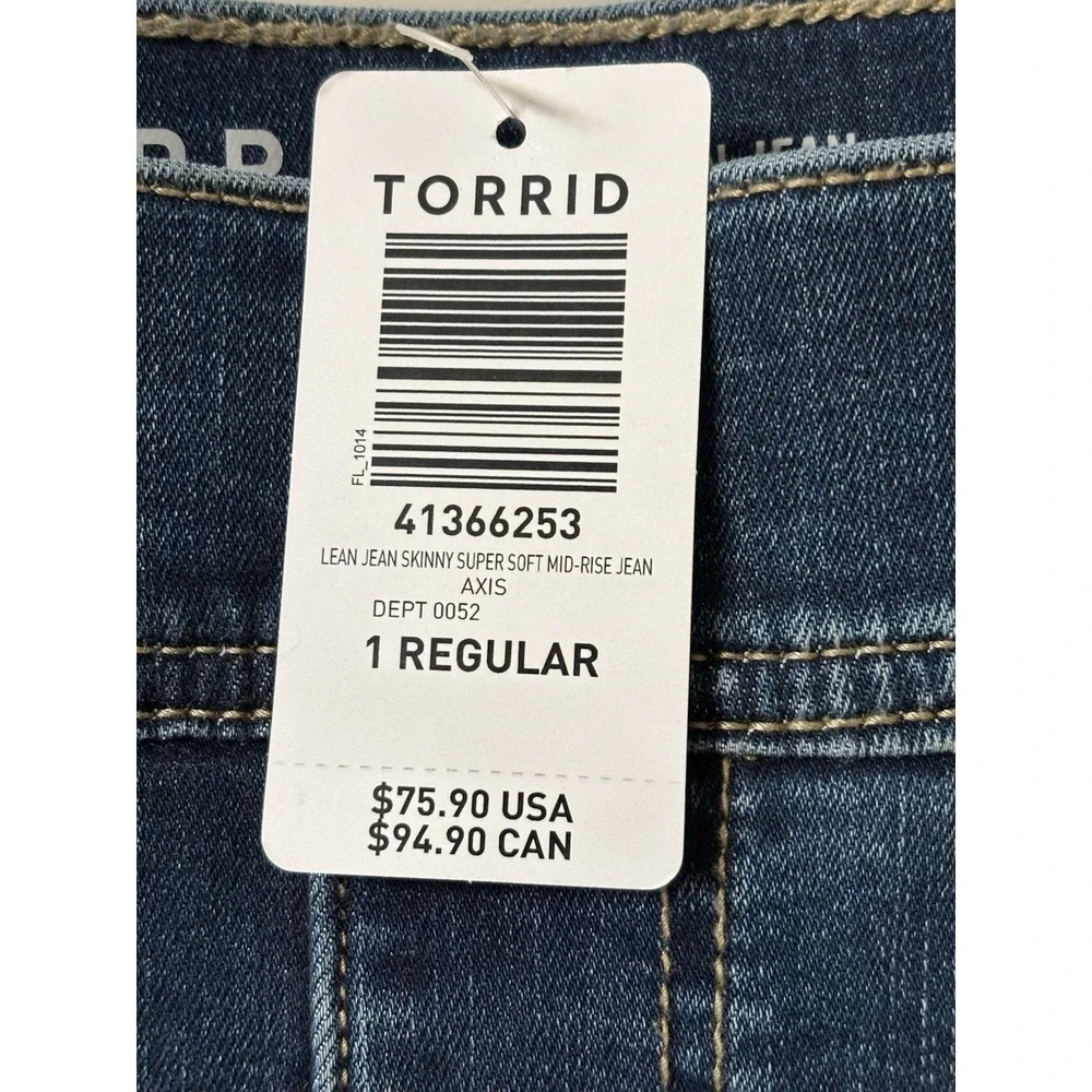 NWT Torrid Lean Jeans Super Soft Sz 1R Dark Wash Skinny Mid Rise Denim Pull On - Picture 2 of 8